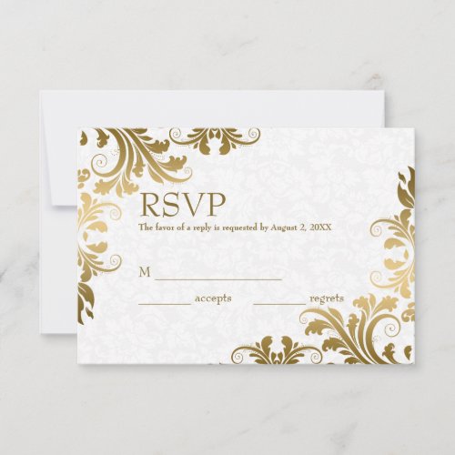 White Damask  Gold Lace RSVP Card