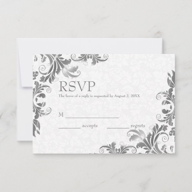 White Damask & Gray Lace RSVP Card (Front)
