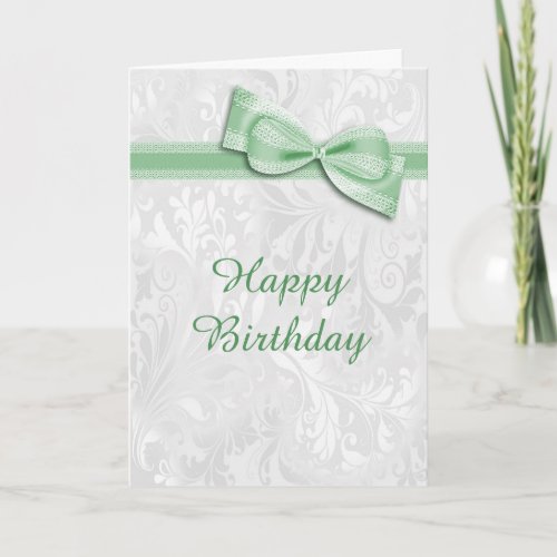 White Damask  Green Faux Bow Female Birthday Card