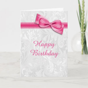 White Damask & Hot Pink Faux Bow Female Birthday Card