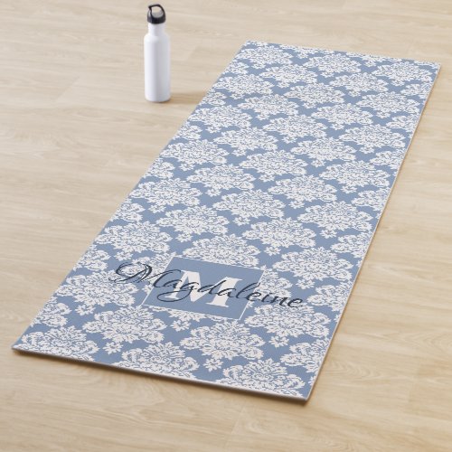 White Damask Lace on Dusty Blue Monogrammed Yoga Mat