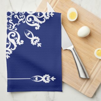White Damask Leaves Flourish Tile on Any Color Kitchen Towel