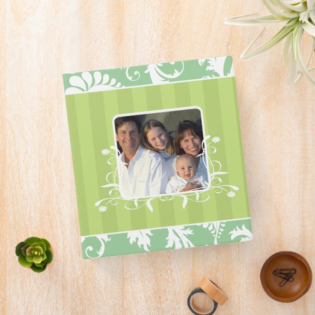 White Damask Lime Striped and Aqua Photo Binder (In Situ)