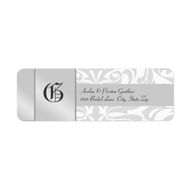 White Damask Monogram Silver Wedding Address Label (Front)