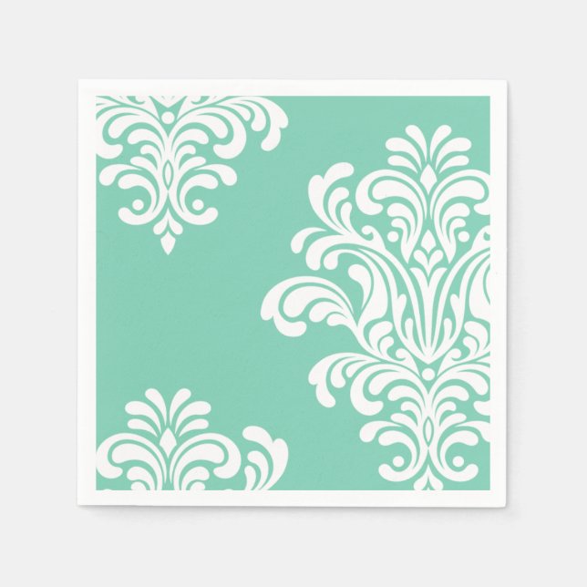 White Damask on Aqua Pattern Paper Napkins (Front)
