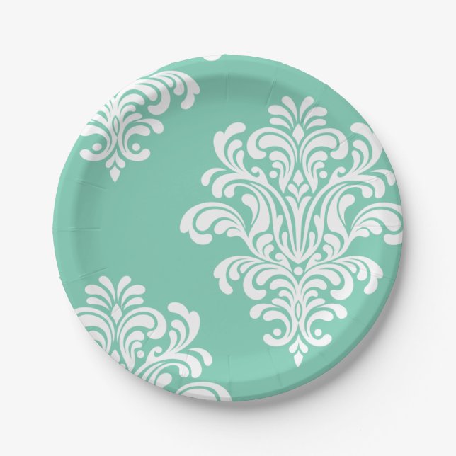 White Damask on Aqua Pattern Paper Plates (Front)