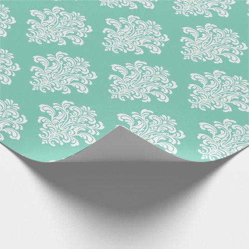 White Damask on Aqua Pattern Wrapping Paper