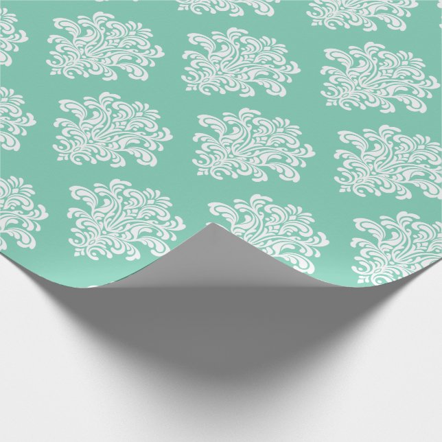 White Damask on Aqua Pattern Wrapping Paper (Corner)