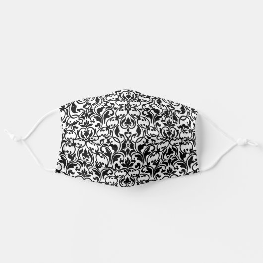 White Damask on Black Adult Cloth Face Mask (Front, Unfolded)