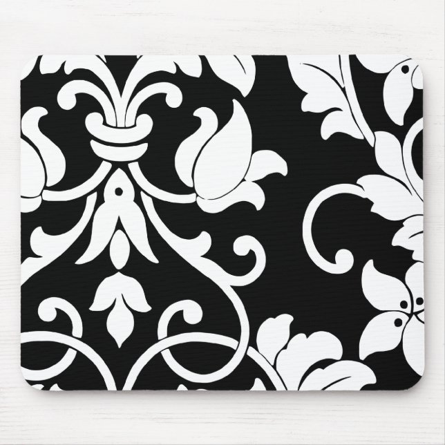 White Damask on Black Mouse Pad (Front)