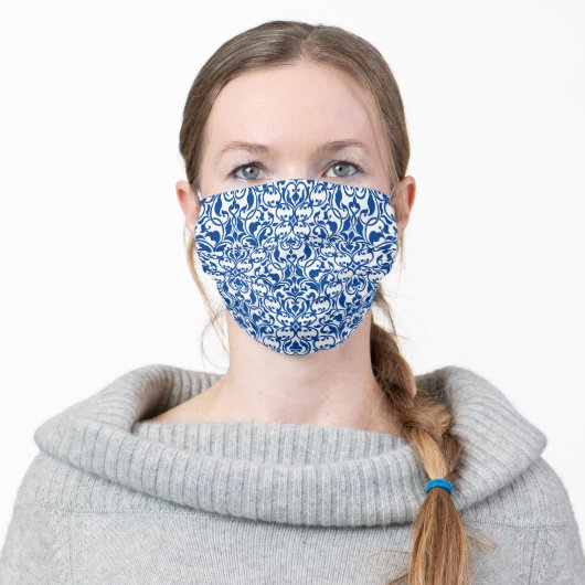 White Damask on Blue Adult Cloth Face Mask (Worn)