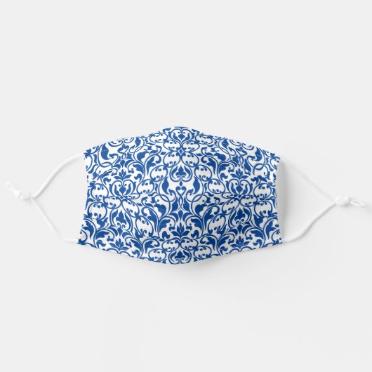 White Damask on Blue Adult Cloth Face Mask (Front, Unfolded)