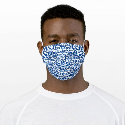White Damask on Blue Adult Cloth Face Mask (Worn)