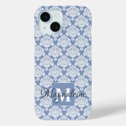 White Damask on Blue Gray Monogram  Name Pretty iPhone 15 Case