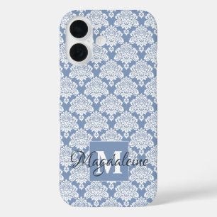 White Damask on Blue Gray Monogram & Name Pretty iPhone 16 Case