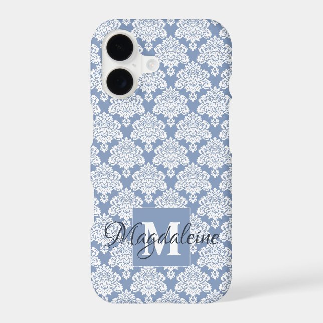 White Damask on Blue Gray Monogram & Name Pretty Case-Mate iPhone Case (Back)