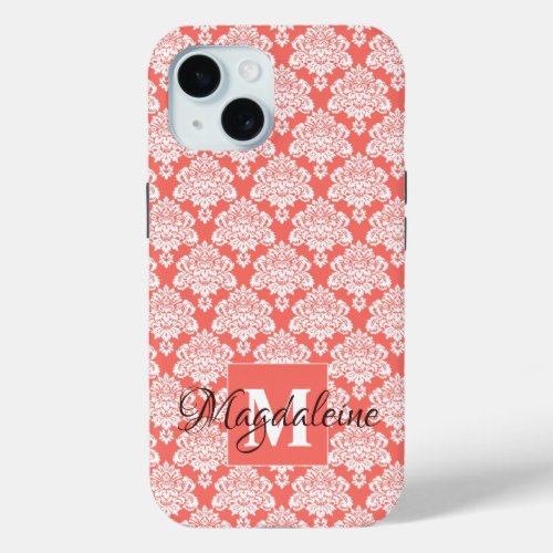 White Damask on Coral Monogram  Name Pretty iPhone 15 Case