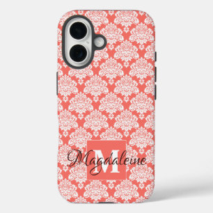 White Damask on Coral Monogram & Name Pretty iPhone 16 Case