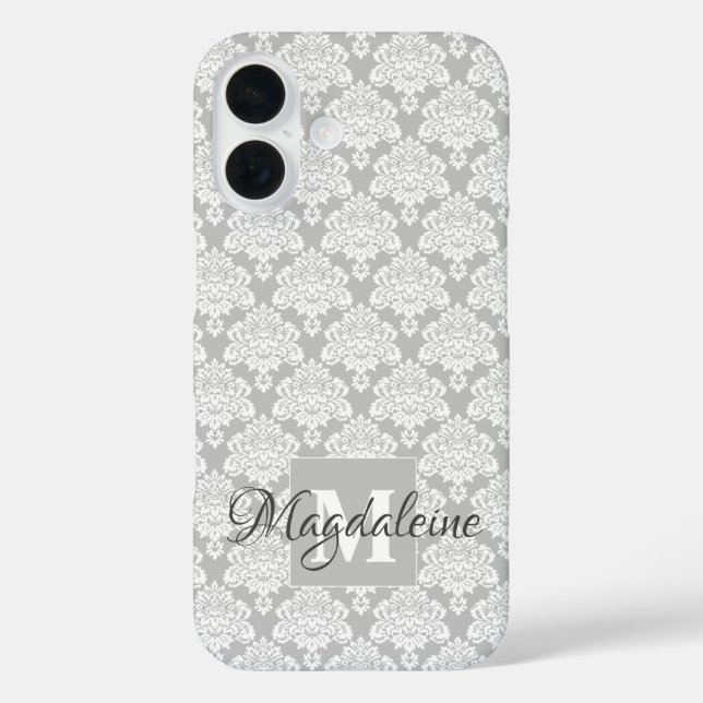 White Damask on Gray Monogram & Name Pretty Case-Mate iPhone Case (Back)