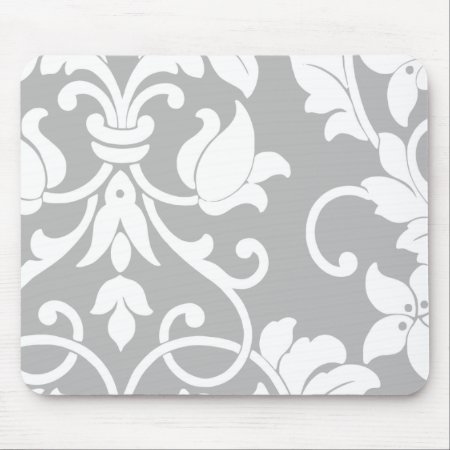 White Damask On Gray Mouse Pad