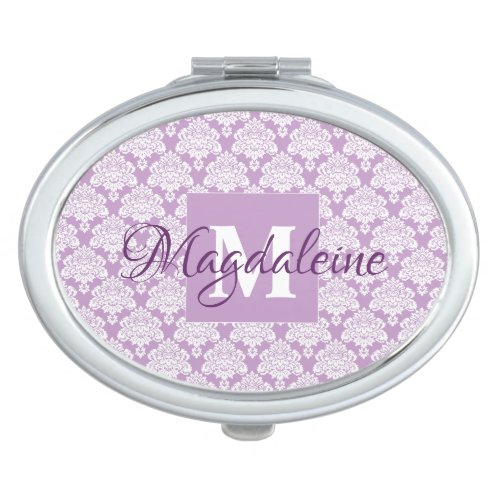 White Damask on Lavender Monogram  Name Compact Mirror