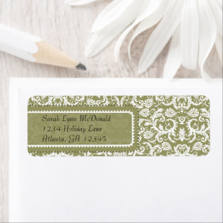 White Damask on Olive Green Gray Return Address Label