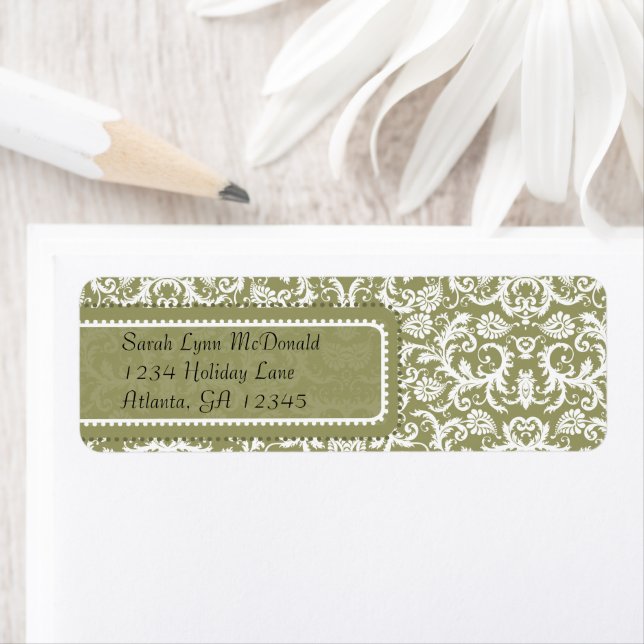 White Damask on Olive Green Gray Return Address Label (Insitu)