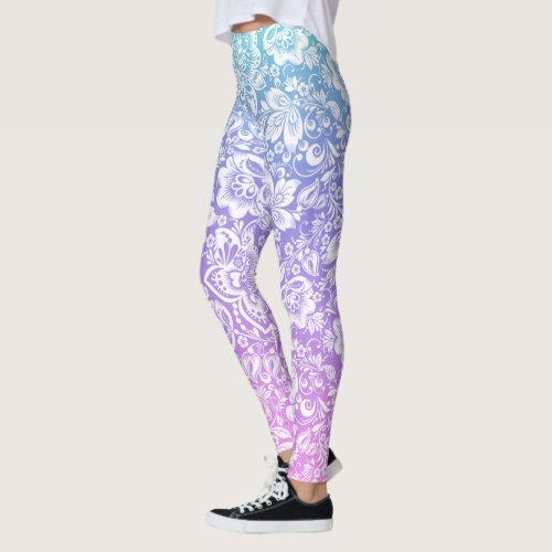 White damask pattern on blue and purple gradient leggings