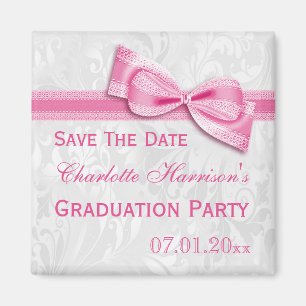 White Damask & Pink Bow Graduation Save The Date Magnet