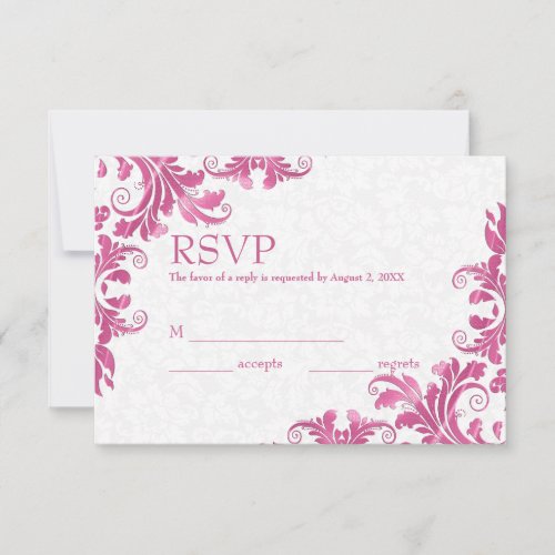 White Damask  Pink Lace RSVP Card