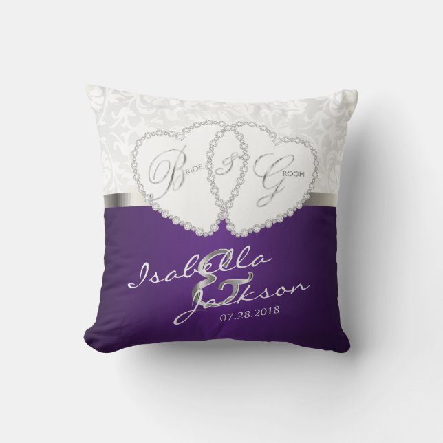 White Damask & Purple Wedding Design Throw Pillow (Front)