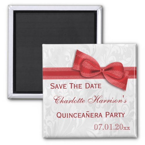 White Damask  Red Bow Quinceaera Save The Date Magnet