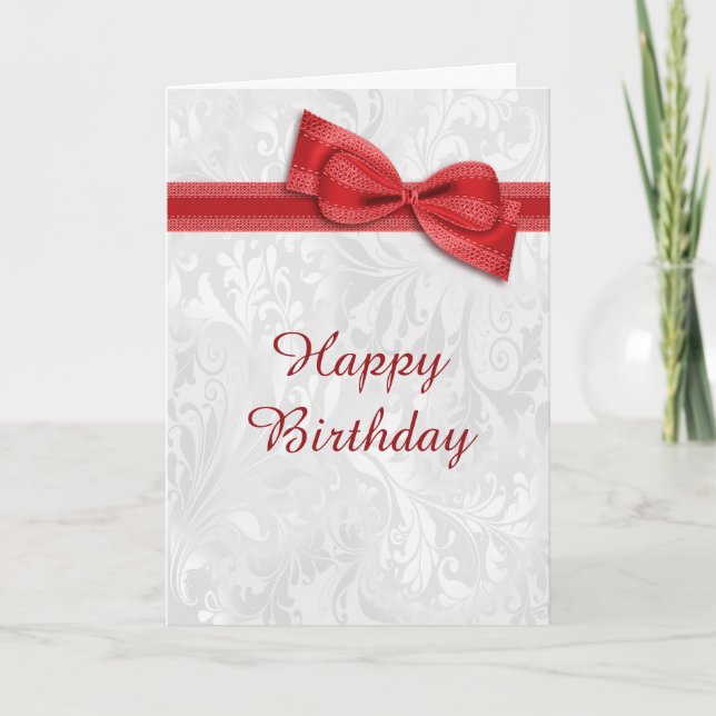 White Damask & Red Faux Bow Female Birthday Card (Front)