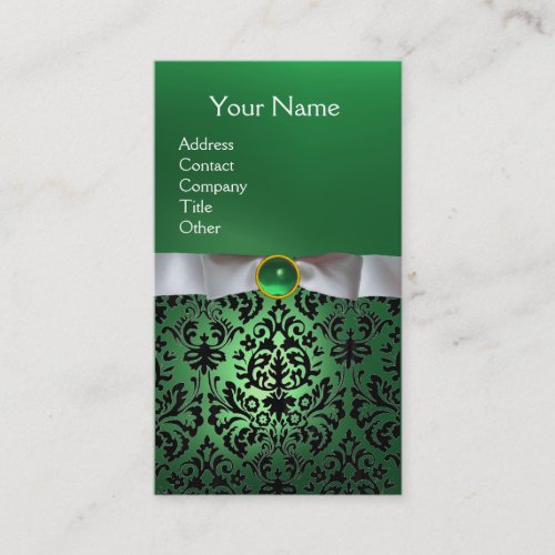 WHITE DAMASK RIBBON MONOGRAM gem green Business Card