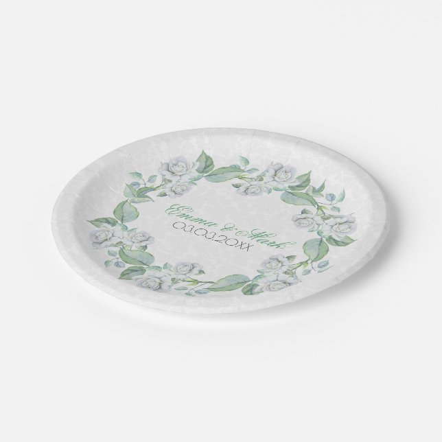 White Damask & Roses- Save The Date Paper Plates (Angled)