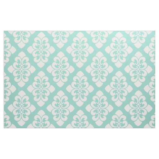 White Damask Scroll on Cool Aqua Fabric