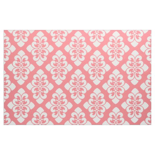 White Damask Scroll on Coral Pink Fabric