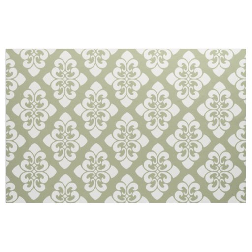 White Damask Scroll on Sage Green Fabric