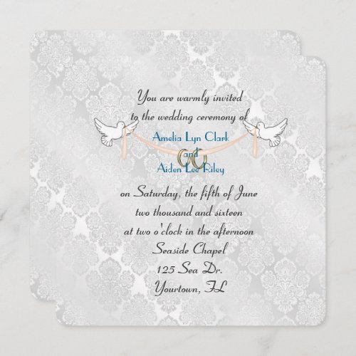 White Damask Shimmer Wedding Invitation