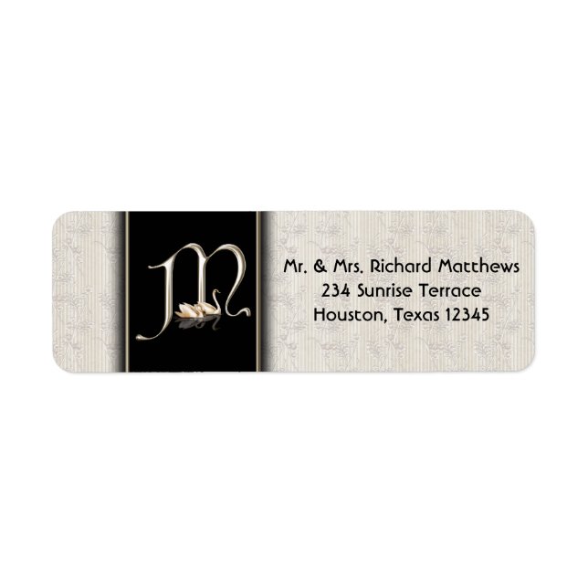 White Damask Swans Monogram M Address Labels (Front)