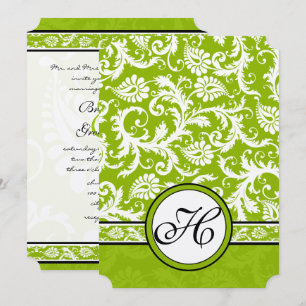 White Damask Swirls Apple Green Wedding Invitation
