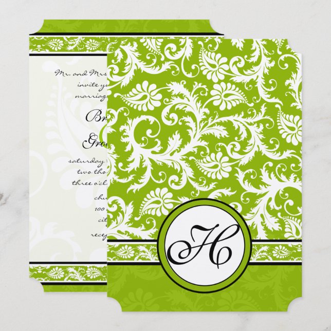 White Damask Swirls Apple Green Wedding Invitation (Front/Back)