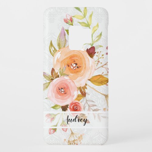 White Damask w Blush Floral Rose n Leaf Foliage Case_Mate Samsung Galaxy S9 Case