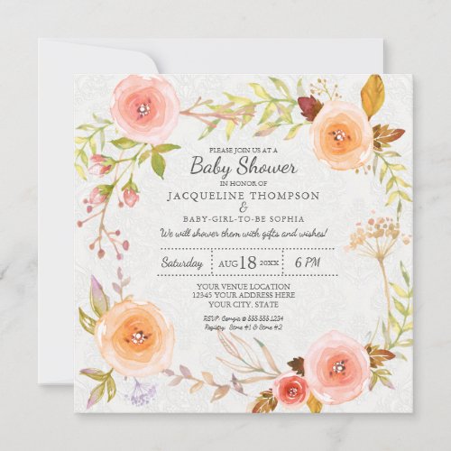 White Damask Watercolor Floral Wreath Typography Invitation