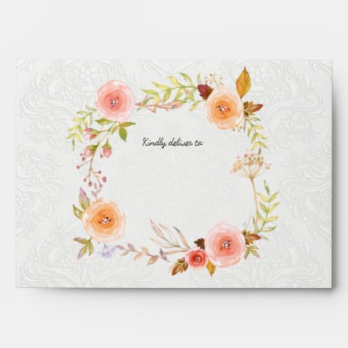 White Damask Watercolor Floral Wreath Wedding Envelope