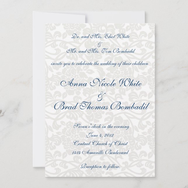 White Damask Wedding Invitation (Front)