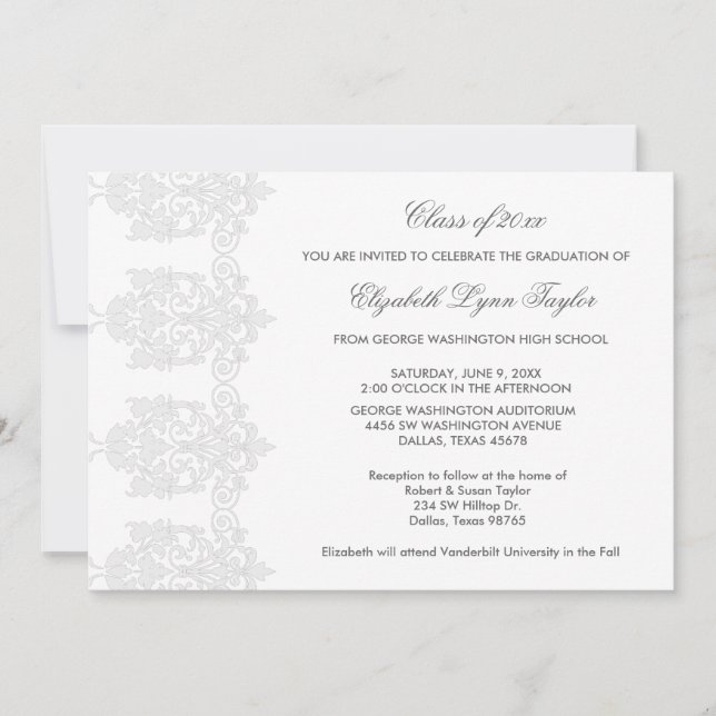 White Damask White Graduation Announcements (Front)