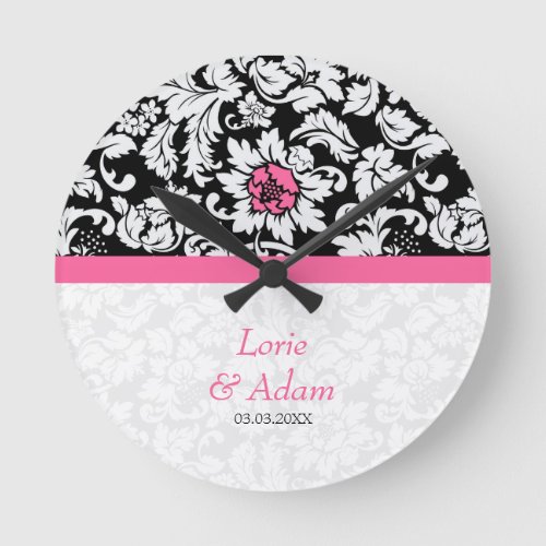 White Damask With Pink Flower Round Clock