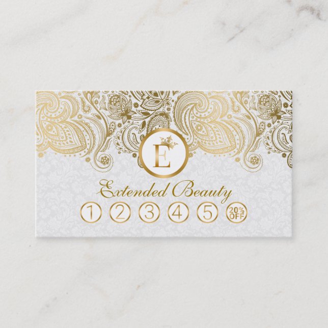 White  Damasks & Gold Paisley Lace Loyalty Card (Front)