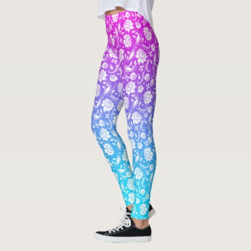 White damasks on pink to blue ombre leggings